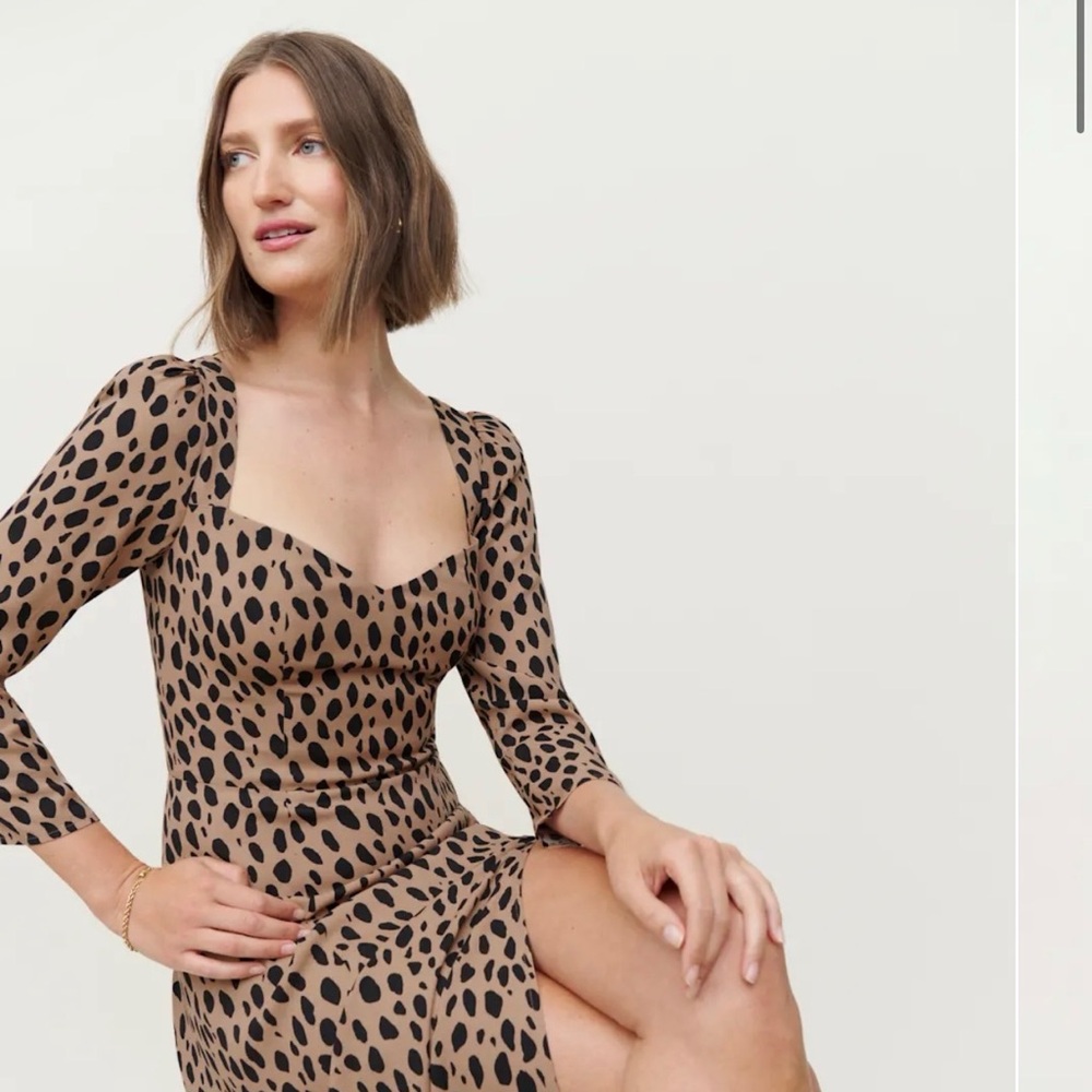 Reformation Mara Midi Dress 6 Brown Leopard Print Slit Square Neck - Picture 2 of 10